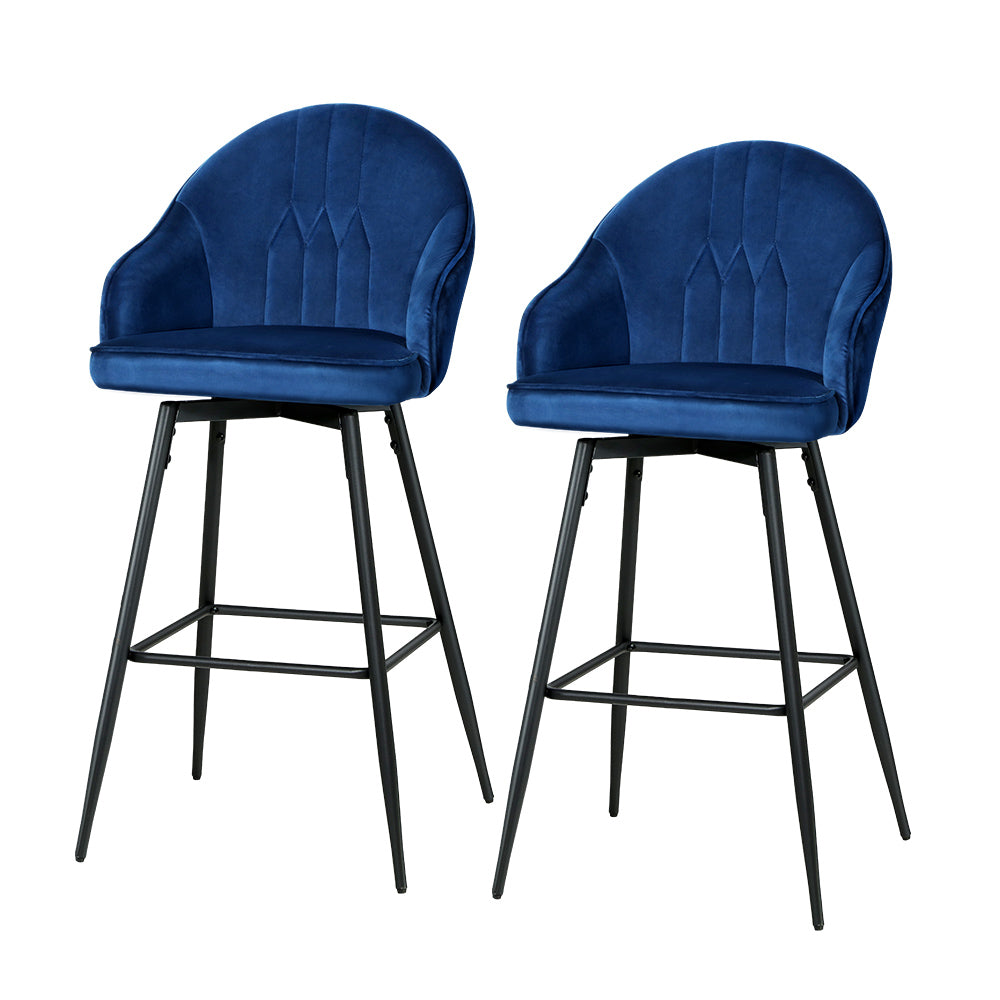 artiss 2x bar stools velvet swivel metal legs blue