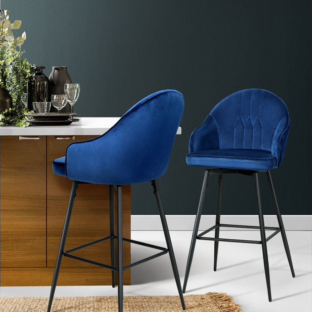 artiss 2x bar stools velvet swivel metal legs blue