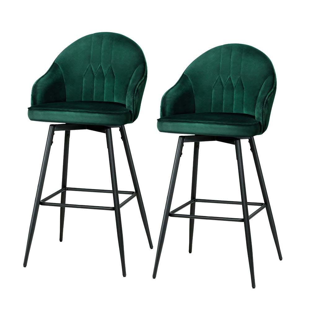 artiss 2x bar stools velvet swivel metal legs green