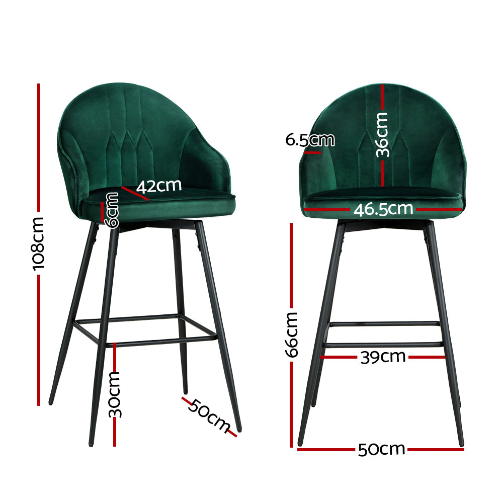 artiss 2x bar stools velvet swivel metal legs green