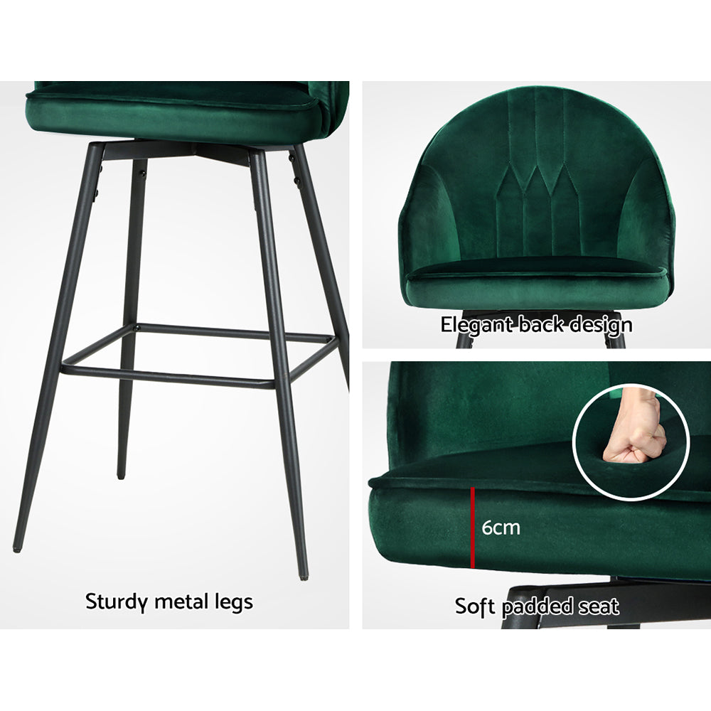 artiss 2x bar stools velvet swivel metal legs green