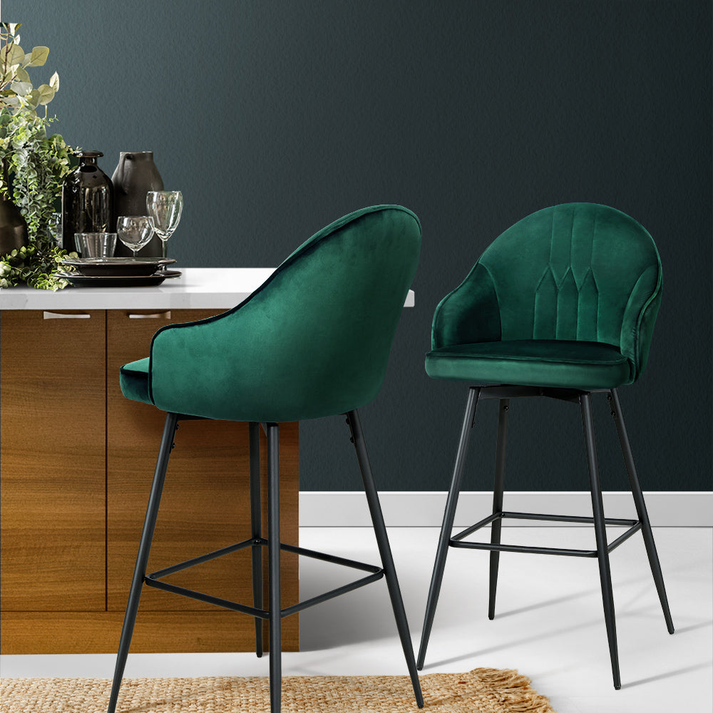 artiss 2x bar stools velvet swivel metal legs green