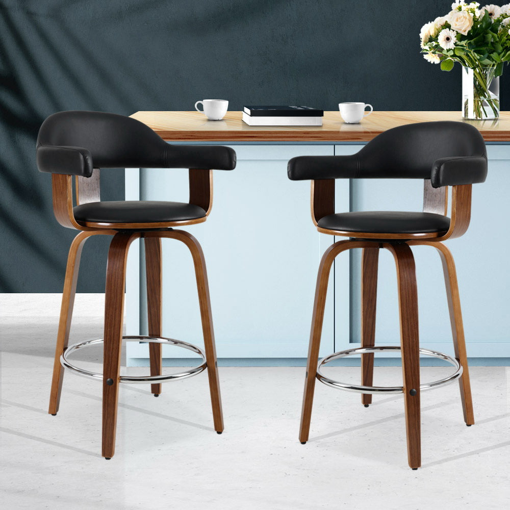 artiss 2x bar stools leather seat wooden legs