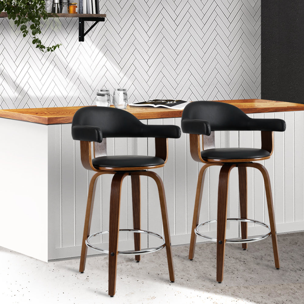 artiss 2x bar stools leather seat wooden legs