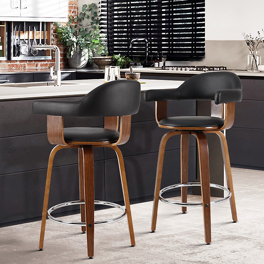 artiss 2x bar stools leather seat wooden legs