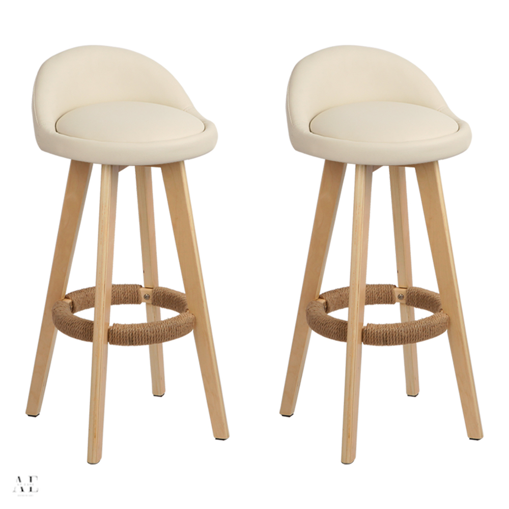 bar stools with padded leather - wooden beige (2pcs)