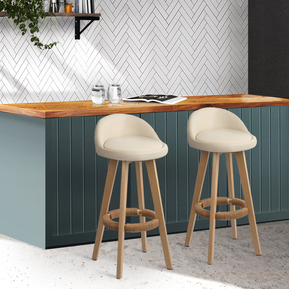 artiss 2x bar stools padded leather wooden beige