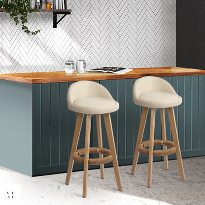 Bar Stools with padded Leather - Wooden Beige (2pcs)