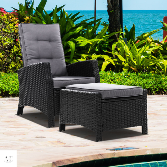 Recliner Chair Sun lounge & Ottoman - Black