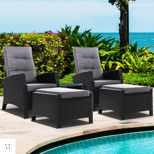 Recliner Chair Sun lounge with Table & Ottomans - Black (5pcs)