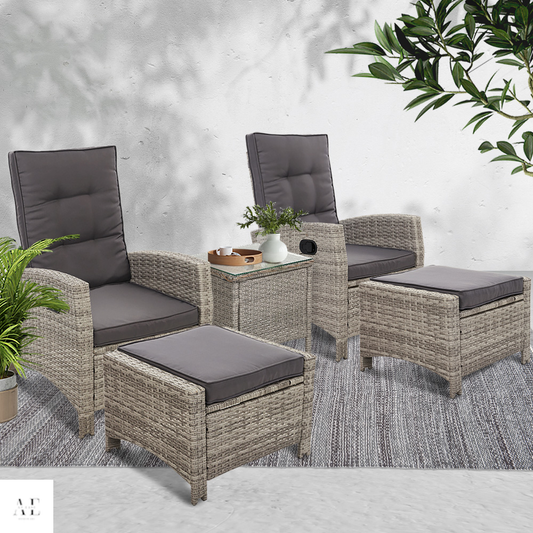 Recliner Chair Sun lounge with Table & Ottomans - Grey (5pcs)