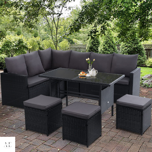 Outdoor Dining Set Sofa Lounge with Chairs, Table, Ottoman & Black Cover