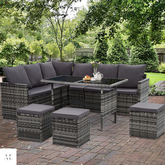 Outdoor Dining Set Sofa Lounge with Chairs, Table, Ottoman & Grey Cover