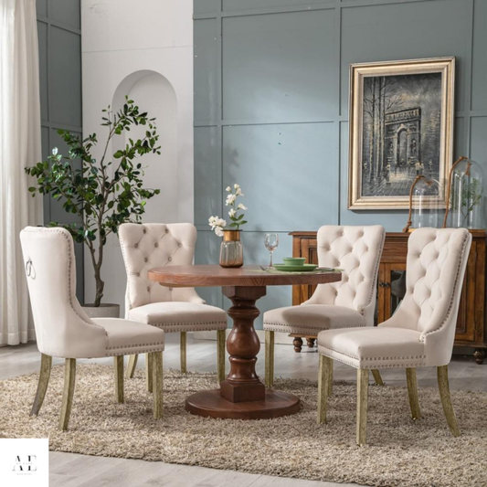 Velvet Dining Chairs Upholstered Tufted Kitchen Chair with Stud Trim - Ring Beige (8pcs)