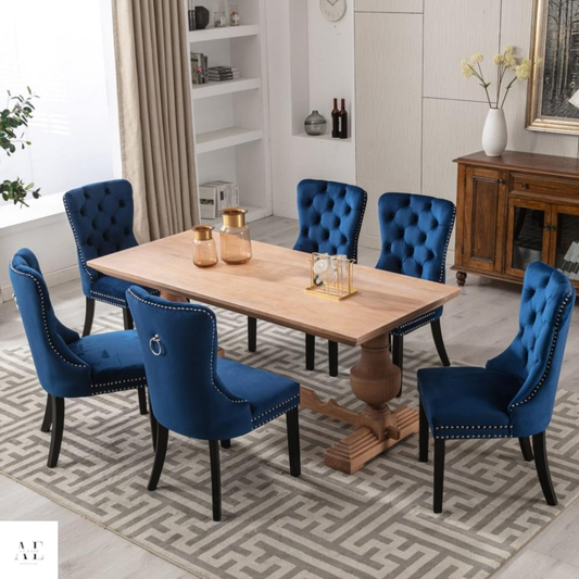 Velvet Dining Chairs Upholstered Tufted Kitchen Chair with Stud Trim - Ring Blue (6pcs)