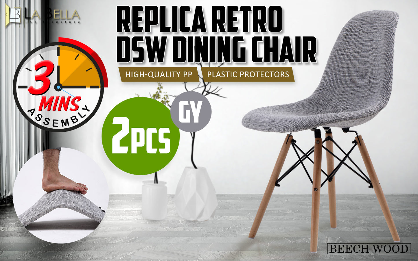 2x retro dining cafe chair dsw grey