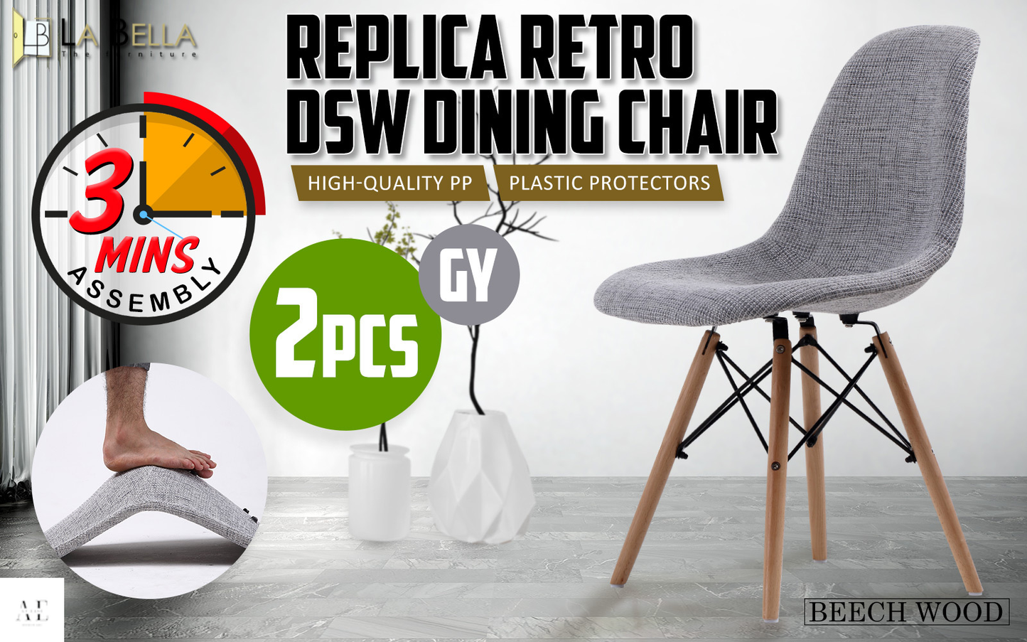 la bella retro dining cafe chair - grey (2pcs)