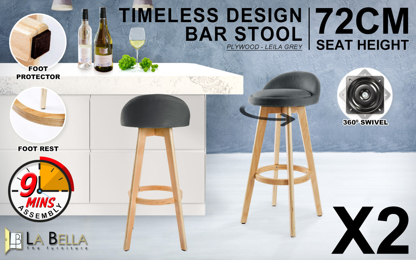 2x wooden bar stool dining chair fabric leila 72cm grey