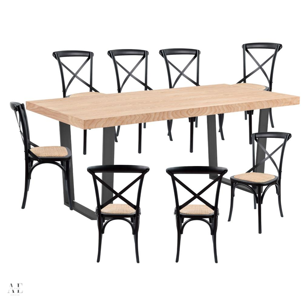 petunia dining table with cross back chairs - elm timber (9pcs)