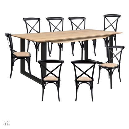 Aconite Dining Table Set with Cross Back Chair - Timber Wood (9pcs)