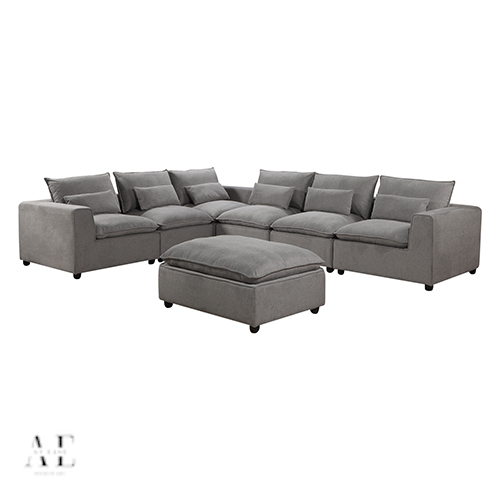 6 Seater Cloud Sectional Sofa with Ottoman - Belfast Fabric Grey